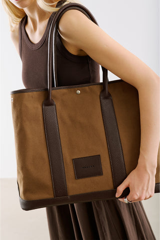 Xl Canvas Tote Bag With Leather Handles Camel