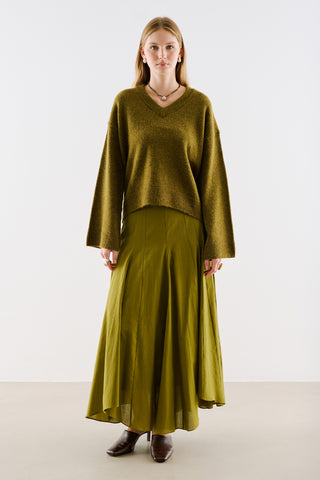 Asymmetric Draped Cotton Skirt Green