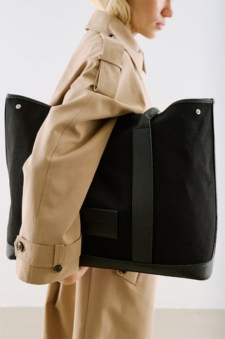 Xl Canvas Tote Bag With Leather Handles Black