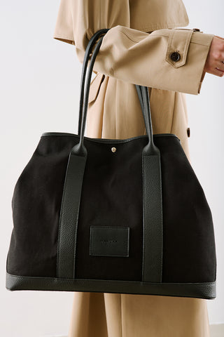 Xl Canvas Tote Bag With Leather Handles Black