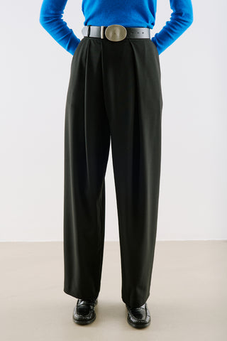 Asymmetric Pleated Barrel Leg Trousers Black