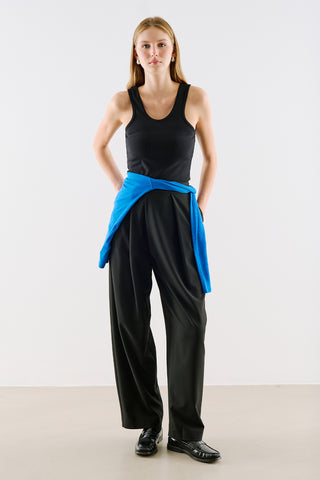 Asymmetric Pleated Barrel Leg Trousers Black