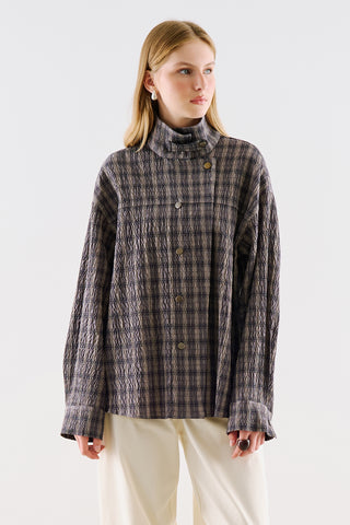 Checked High Neck Shirt Grey