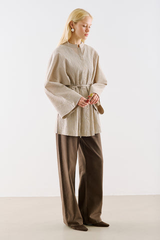 Wide Sleeve Belted Tunic Beige