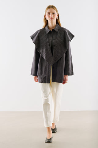 Scarf Neck Shirt Jacket Black Striped