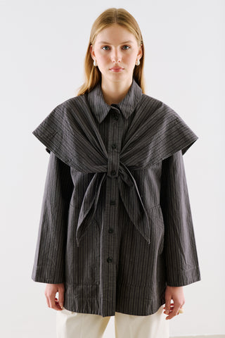 Scarf Neck Shirt Jacket Black Striped