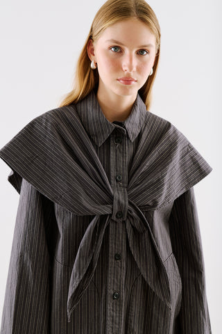 Scarf Neck Shirt Jacket Black Striped