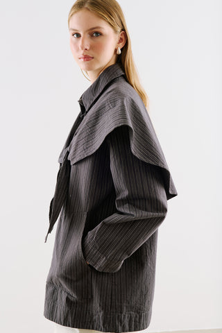 Scarf Neck Shirt Jacket Black Striped