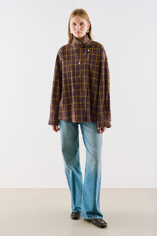Checked High Neck Shirt Burgundy