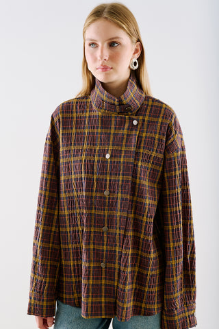 Checked High Neck Shirt Burgundy