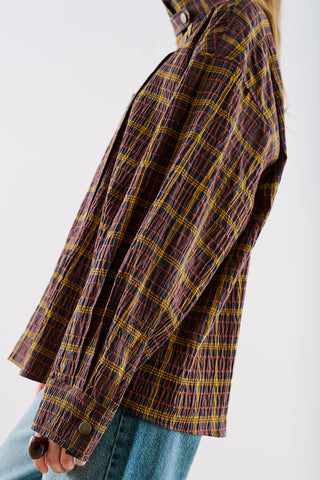 Checked High Neck Shirt Burgundy