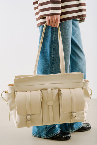 London Large Canvas Bag With Multiple Pockets Beige