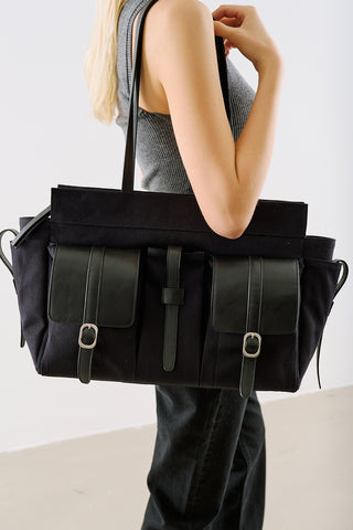London Large Canvas Bag With Multiple Pockets Black