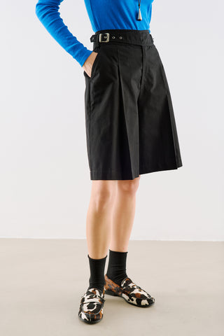 Pleated Bermuda Shorts With Belt Detail Black