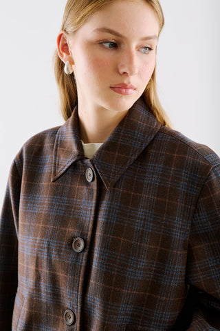 Checked Wool Cropped Coat Brown