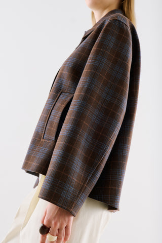 Checked Wool Cropped Coat Brown