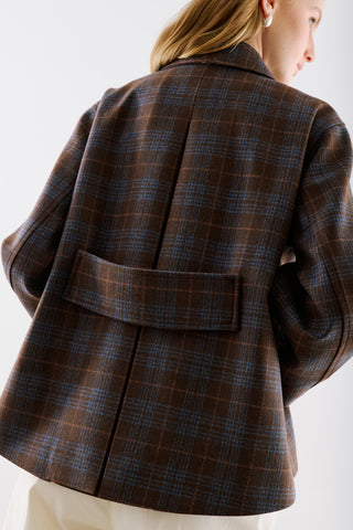 Checked Wool Cropped Coat Brown