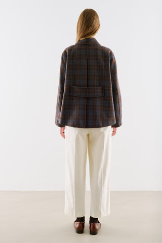 Checked Wool Cropped Coat Brown