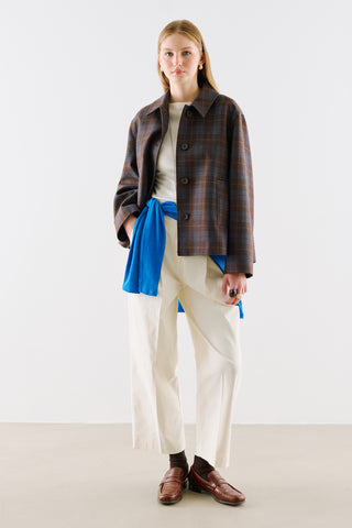 Checked Wool Cropped Coat Brown