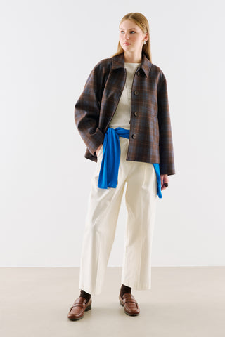 Checked Wool Cropped Coat Brown