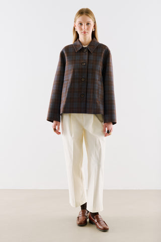 Checked Wool Cropped Coat Brown