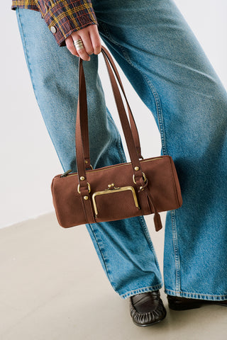 Rustic Lock-Closure Cylinder Bag Red Brown