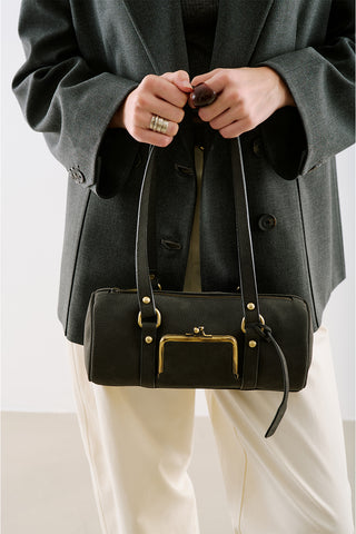 Rustic Lock-Closure Cylinder Bag Black