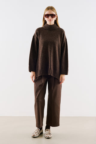 High-Neck Wool Knit Sweater Dark Brown
