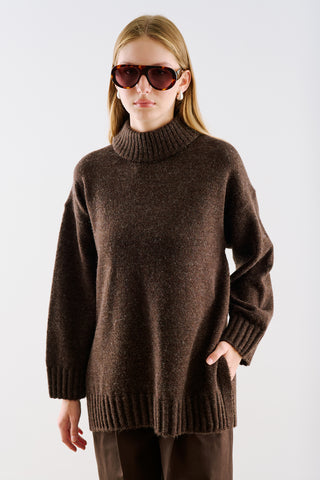 High-Neck Wool Knit Sweater Dark Brown