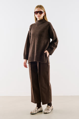 High-Neck Wool Knit Sweater Dark Brown