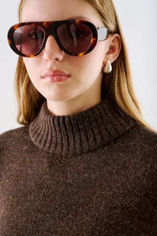 High-Neck Wool Knit Sweater Dark Brown