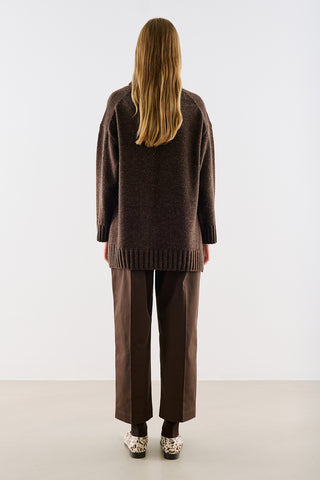 High-Neck Wool Knit Sweater Dark Brown