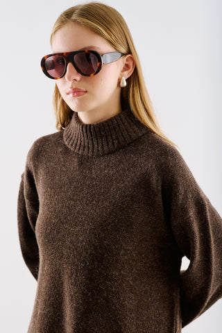 High-Neck Wool Knit Sweater Dark Brown