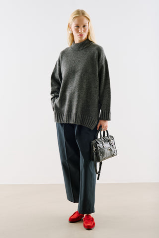 High-Neck Wool Knit Sweater Dark Grey