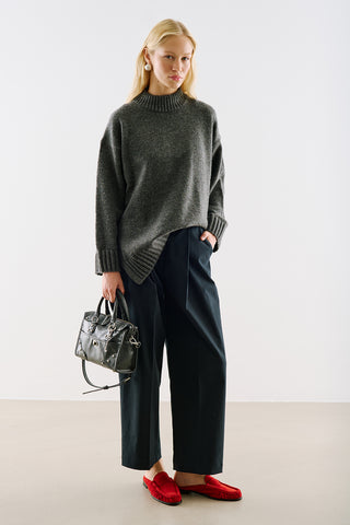 High-Neck Wool Knit Sweater Dark Grey