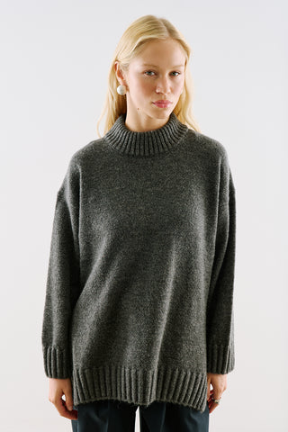 High-Neck Wool Knit Sweater Dark Grey