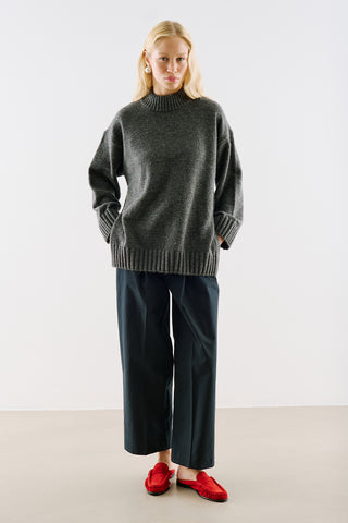 High-Neck Wool Knit Sweater Dark Grey
