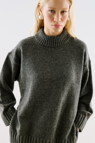High-Neck Wool Knit Sweater Dark Grey