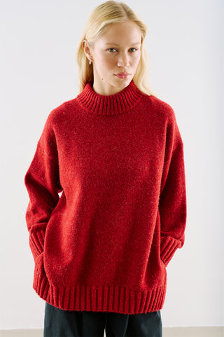 High-Neck Wool Knit Sweater Red