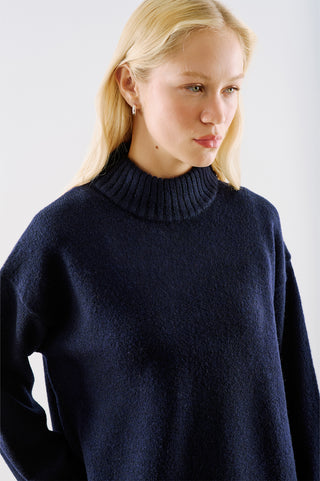 High-Neck Wool Knit Sweater Navy Blue