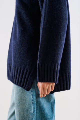 High-Neck Wool Knit Sweater Navy Blue
