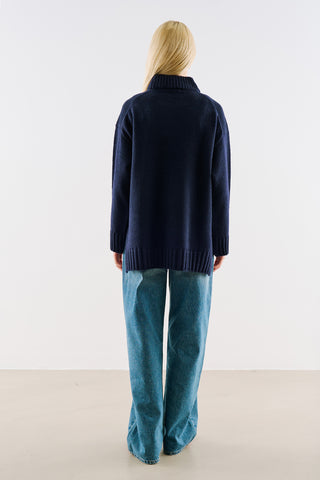 High-Neck Wool Knit Sweater Navy Blue
