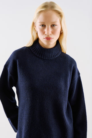 High-Neck Wool Knit Sweater Navy Blue