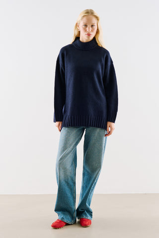 High-Neck Wool Knit Sweater Navy Blue