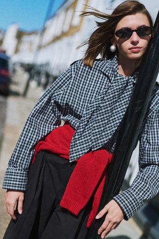 Scarf Tie Neck Shirt Black Plaid