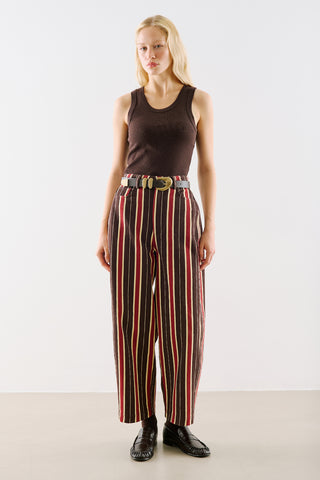 Washed Striped Barrel Leg Trousers Brown