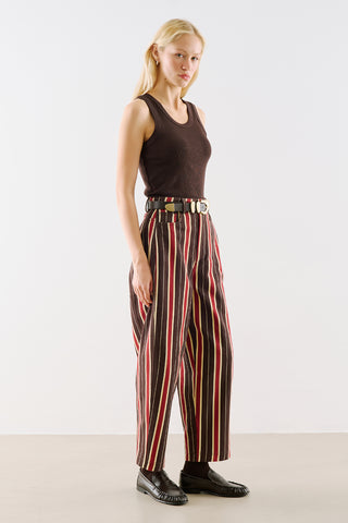 Washed Striped Barrel Leg Trousers Brown