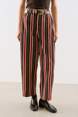 Washed Striped Barrel Leg Trousers Brown