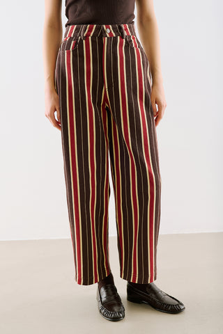 Washed Striped Barrel Leg Trousers Brown