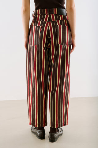 Washed Striped Barrel Leg Trousers Brown